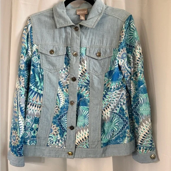 Chico’s Patchwork Denim Jacket Blue Boho Print Cotton Size Medium (1) - Picture 5 of 10